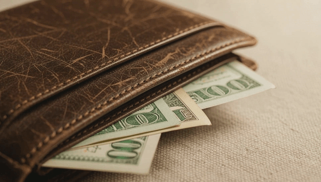 Scratched leather wallet containing dollar bills