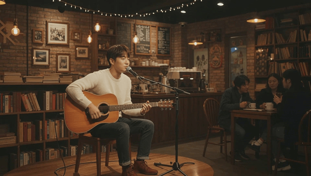 Musician performing in a cozy cafe