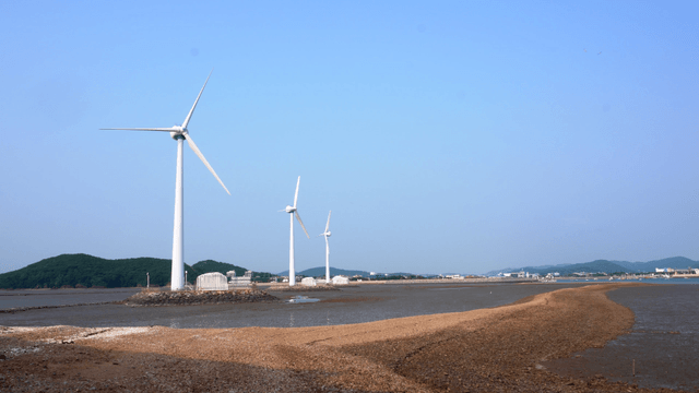 Wind turbines on a coastal landscape