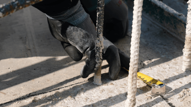 Worker measuring concrete with tape measure