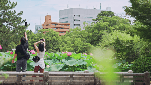 Tourists taking photos in a lush garden