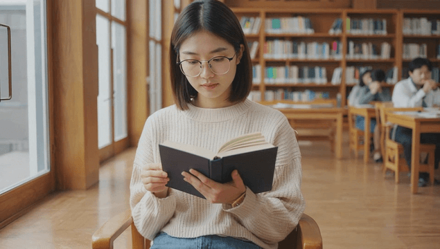 A young woman reading a book in a library