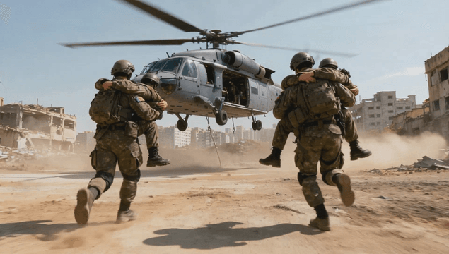 Soldiers carrying comrades to a helicopter