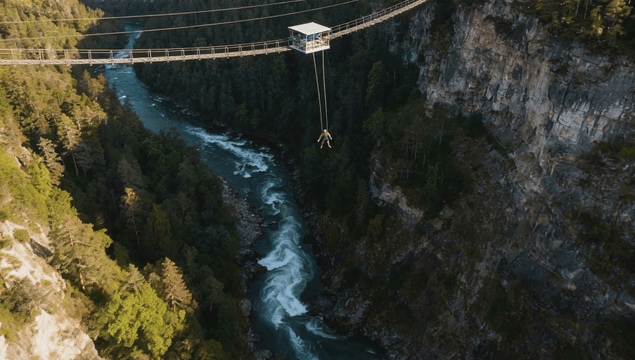 Person bungee jumping over a river