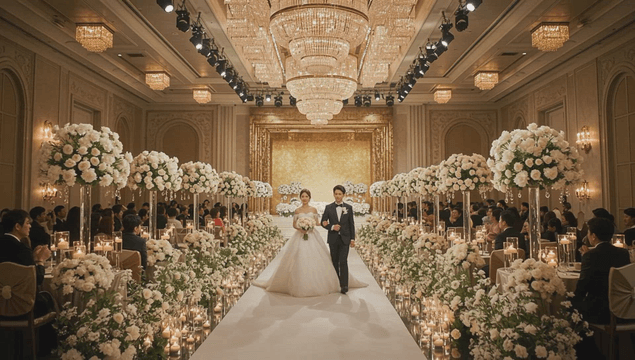 A couple walking down the aisle in a wedding hall