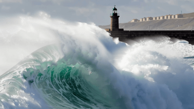 Waves crashing roughly against a lighthouse coast
