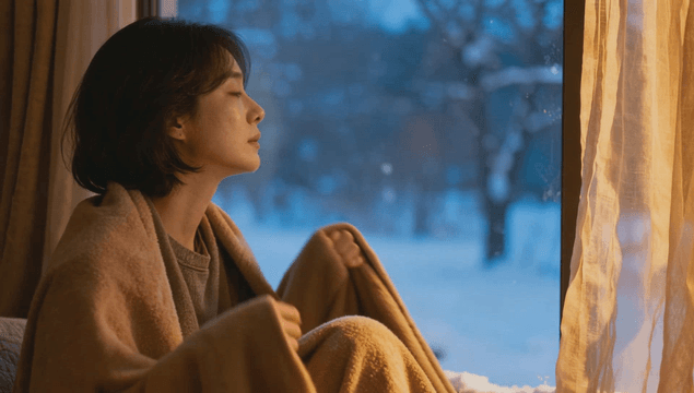 Woman looking out at a snowy landscape from a bedroom window