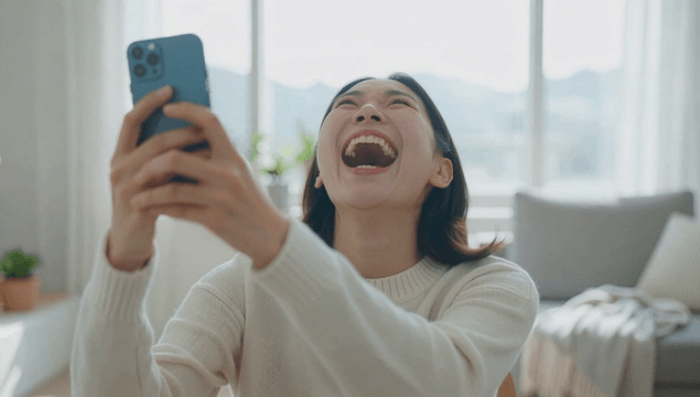 집에서 스마트폰을 보며 입을 크게 벌려 웃는 여성