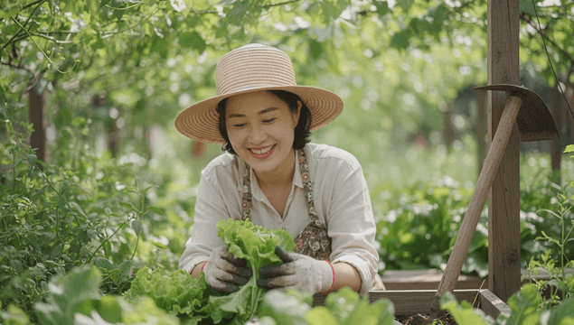 Happy middle-aged woman harvesting lettuce in a garden