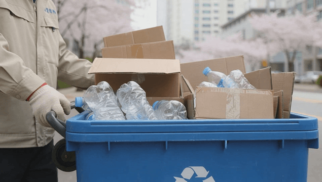 Sanitation worker pushing a recycling cart