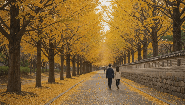 Couple walking on an autumn trail beside a wall