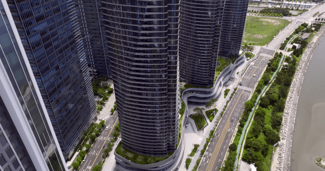 Modern skyscrapers and surrounding roads