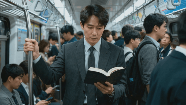 Office worker reading a book in a crowded subway
