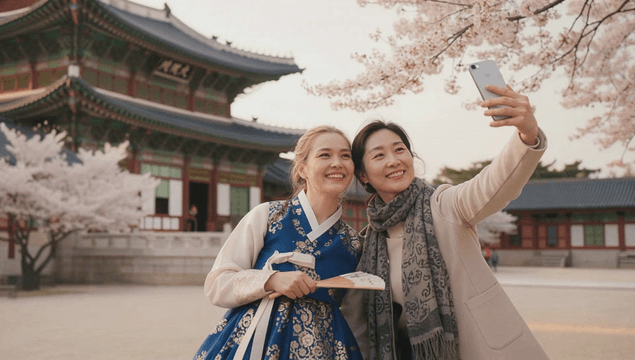 Women tourists taking selfies at a Korean palace with spring blossoms
