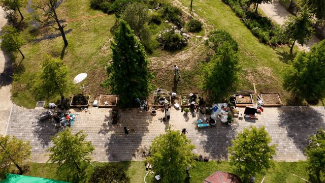 People gardening in a park with greenery