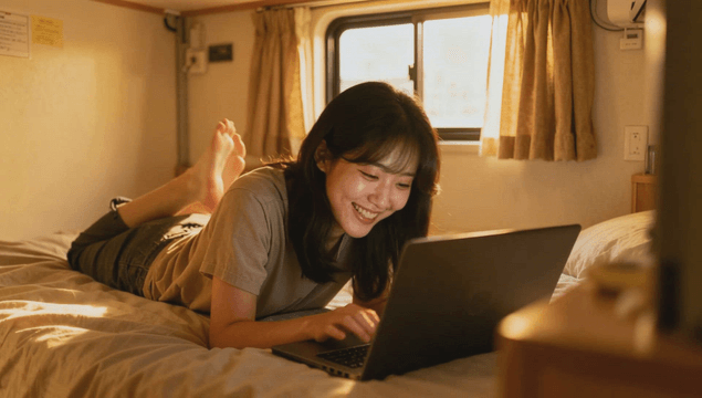 Smiling woman using a laptop in a sunset bedroom