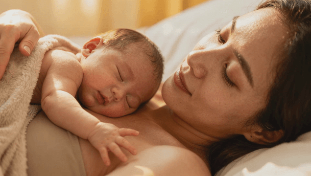 Mother lying down holding a sleeping newborn baby