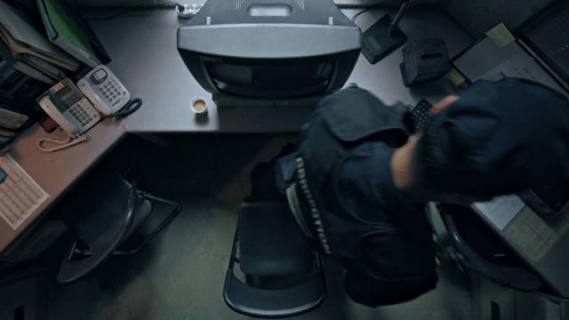 Security guard standing up with a gun
