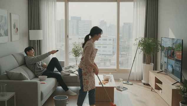 Husband watching TV in living room while wife cleans