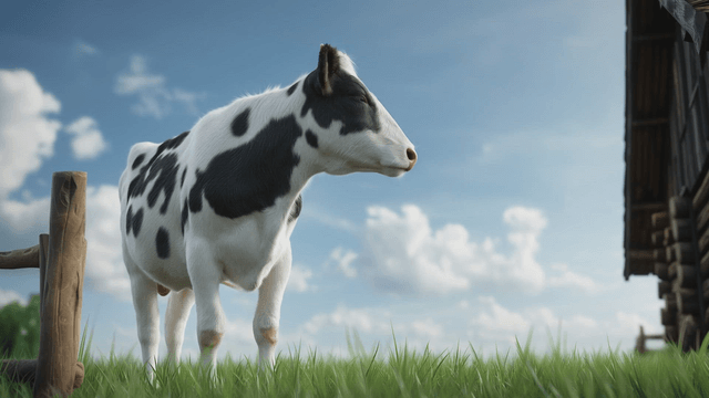 따스한 햇빛 아래 나무 오두막 옆에 있는 젖소