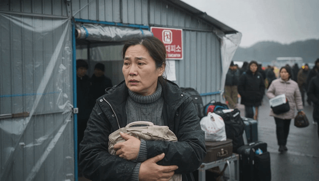 Middle-aged woman crying while leaving with an emergency bag