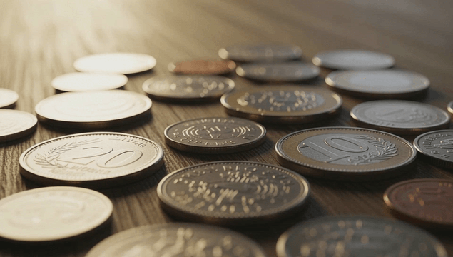 Various coins scattered on a wooden table