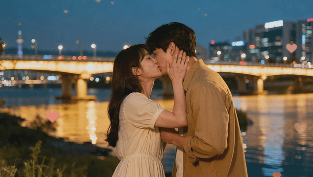 Couple kissing romantically by riverside at night