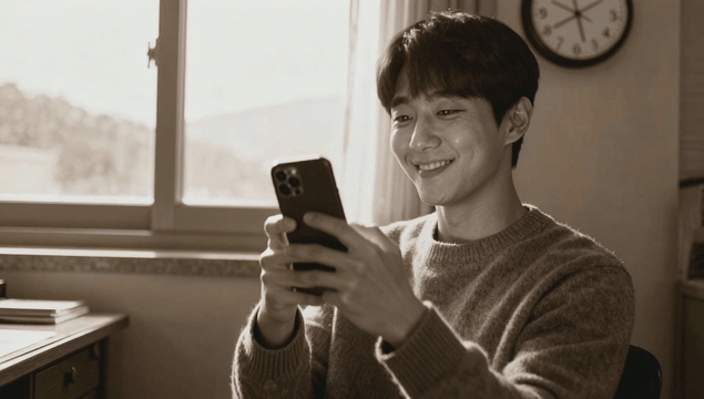 Man smiling at phone by window