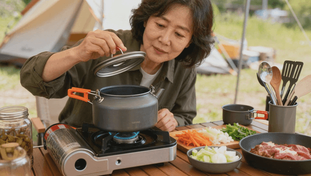 Middle-aged woman cooking at campsite with fresh ingredients