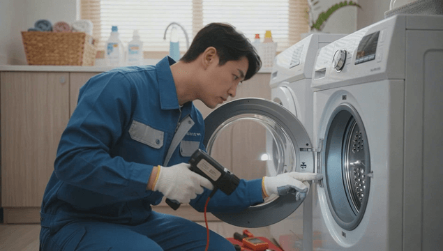 Technician inspecting a washing machine with professional equipment