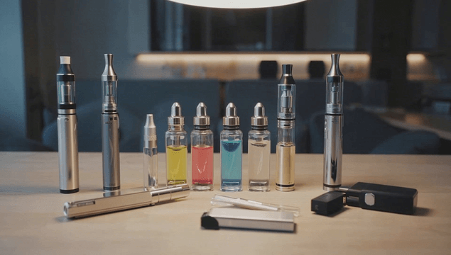 Various liquid e-cigarettes and refills on the table