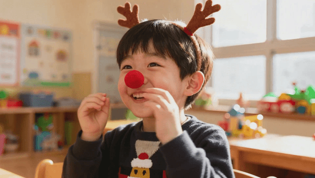 Child with reindeer antlers and red nose