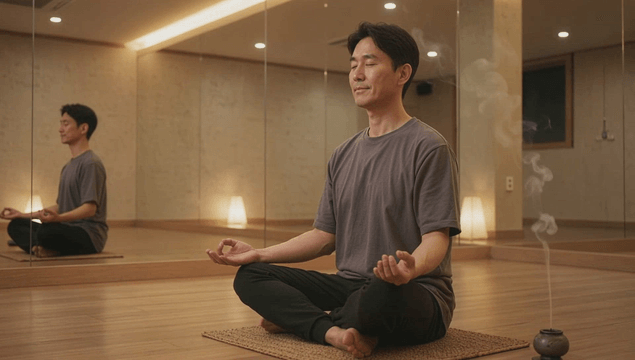 Meditating in a serene yoga studio by a middle-aged man