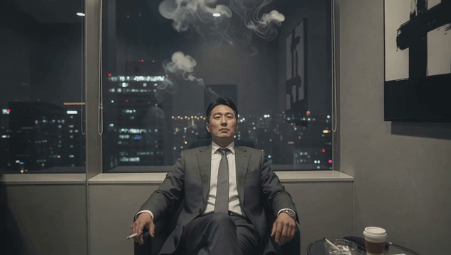 Smiling office worker puffs out cigarette smoke in a smoking room at night