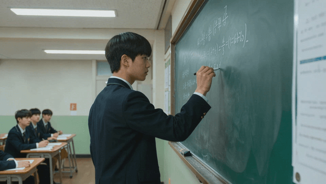Male student in uniform writing equations on the blackboard