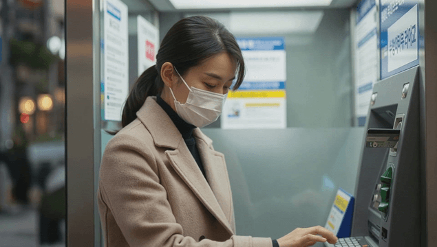 Woman wearing a mask using an ATM