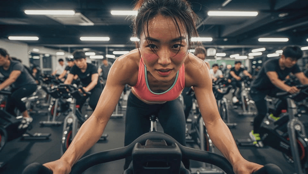 Female focused on cycling training in gym
