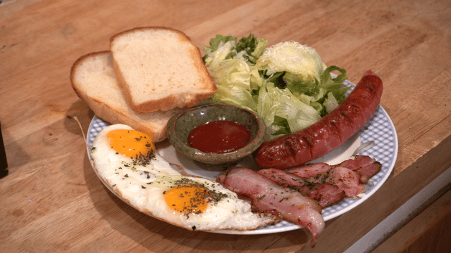 Hearty breakfast with eggs and sausage
