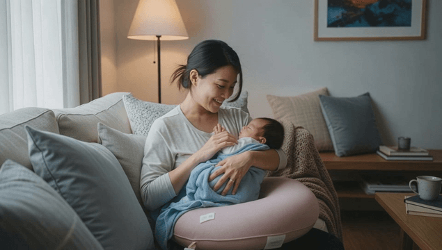 Mother lovingly holding her baby in the living room