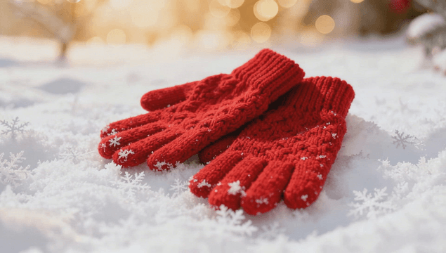 Red gloves resting on fresh snow