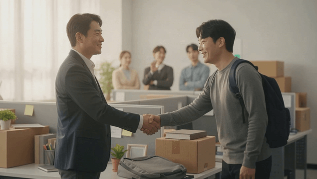 Office workers shaking hands with a departing colleague
