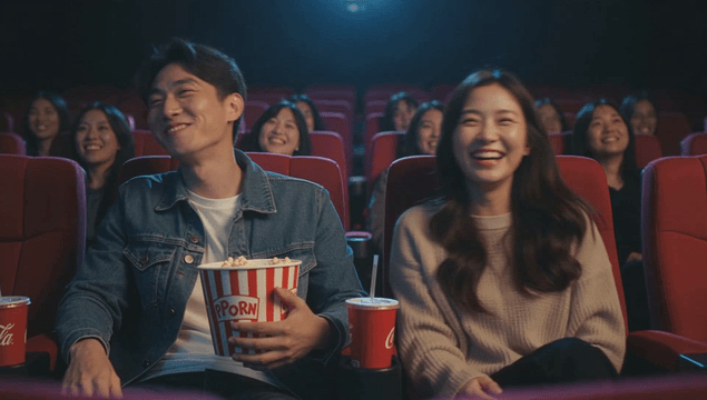 Couple laughing while watching a movie with popcorn at the cinema