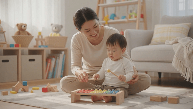 Mother and child playing xylophone in living room