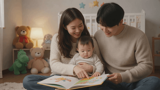 Parents reading a picture book with their baby