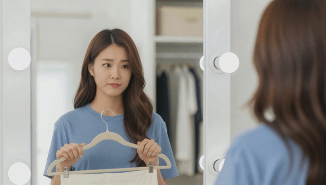 Young woman choosing an outfit in front of a mirror in her bedroom