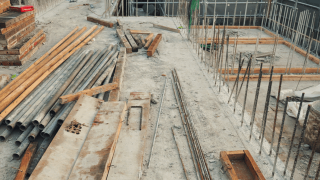 Construction site with steel materials