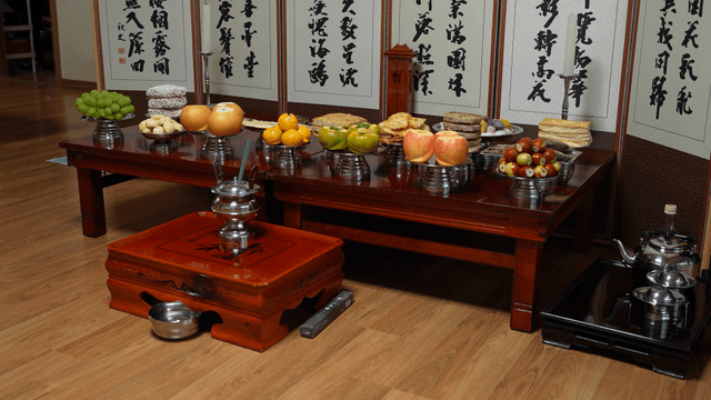 Traditional Korean holiday table with various foods