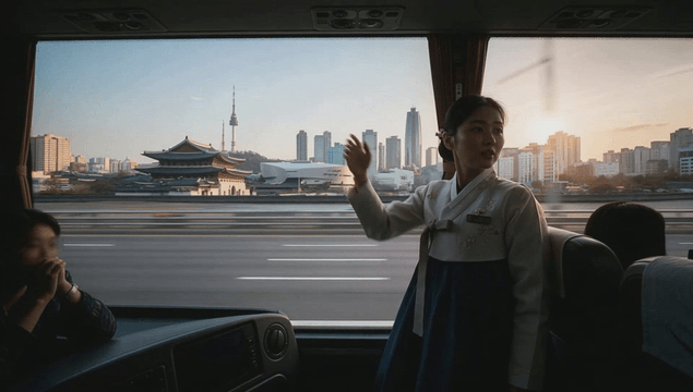 이동하는 버스안에서 서울 명소를 설명하는 가이더