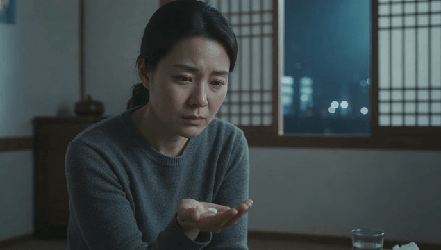 Woman contemplating with a pill in hand