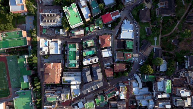 Aerial view of dense city architecture